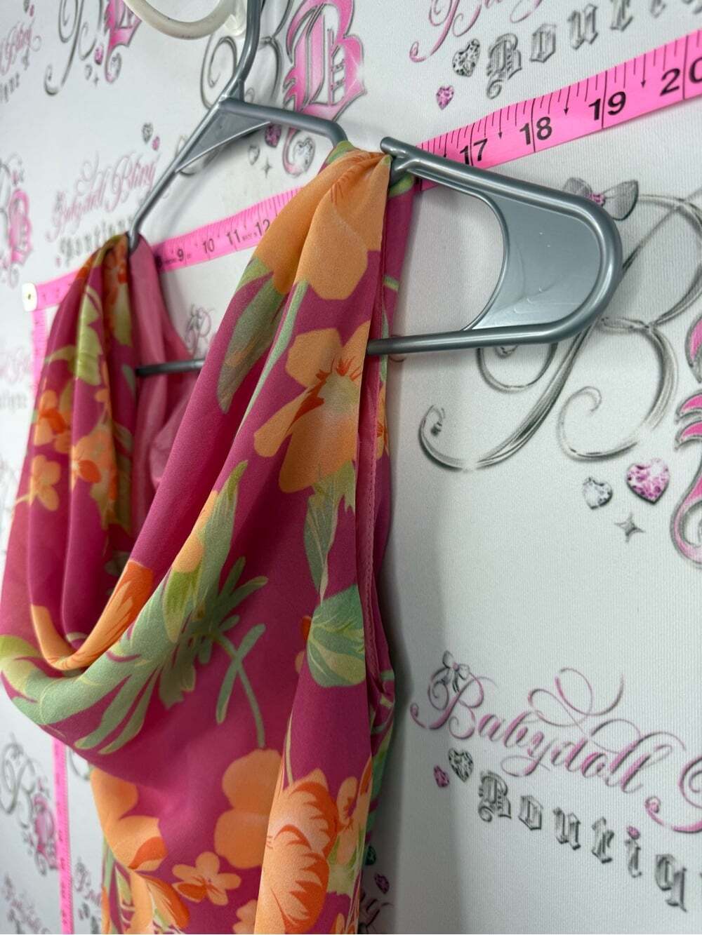Dress Y2K long maxi flower Floral Cowl Neck Maxi Dress - Pink with Orange Floral - Picture 8 of 10